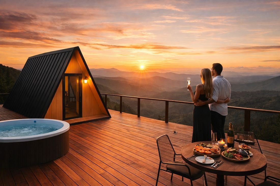 Casal no deck de um chalé ao pôr do sol