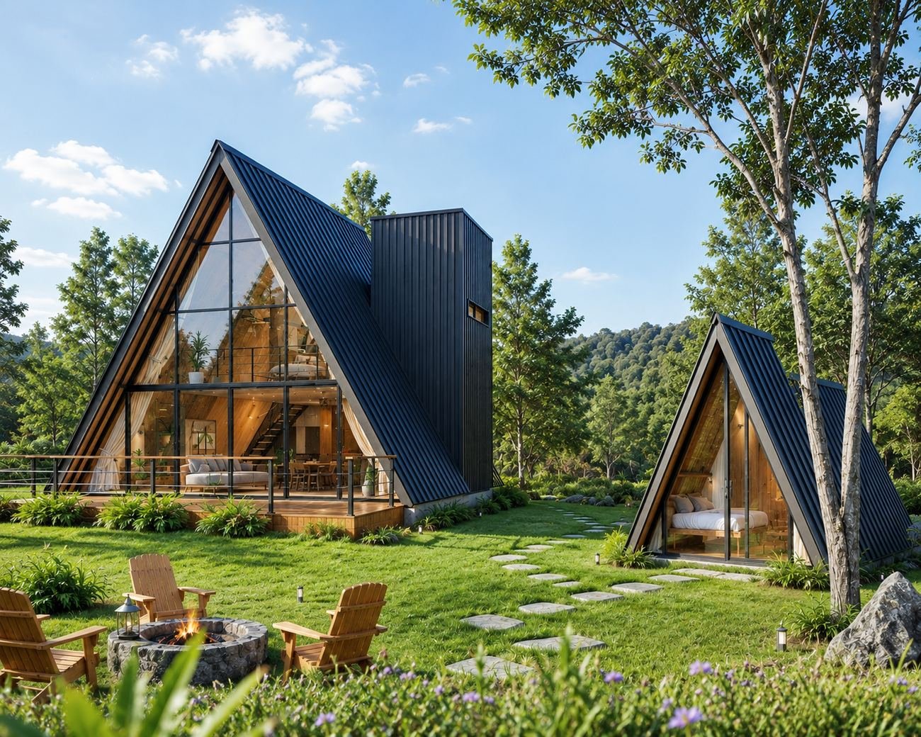 Dois chalés A-frame em um mesmo terreno