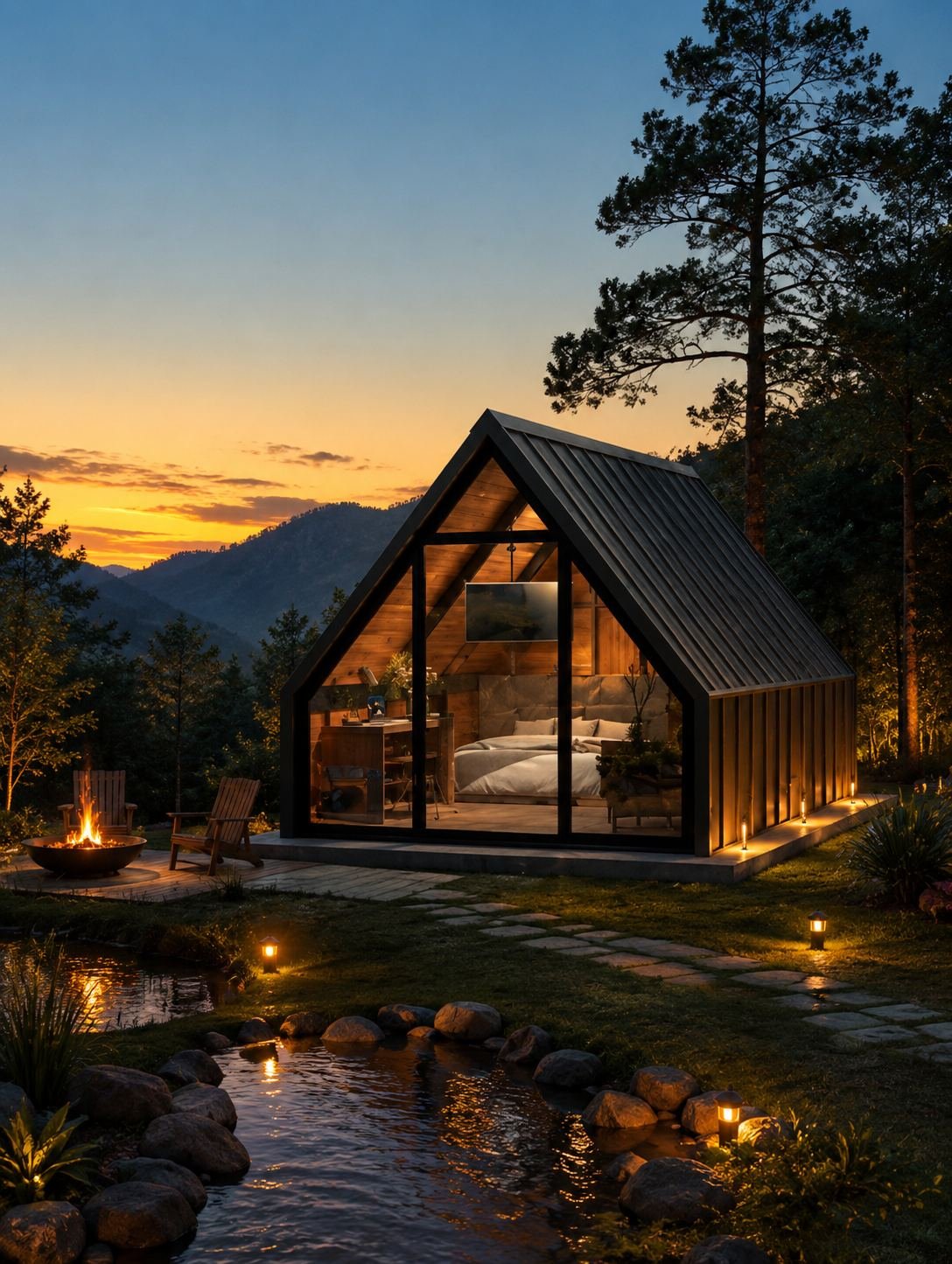 Chalé ALP PLUS iluminado ao entardecer, com fachada de vidro